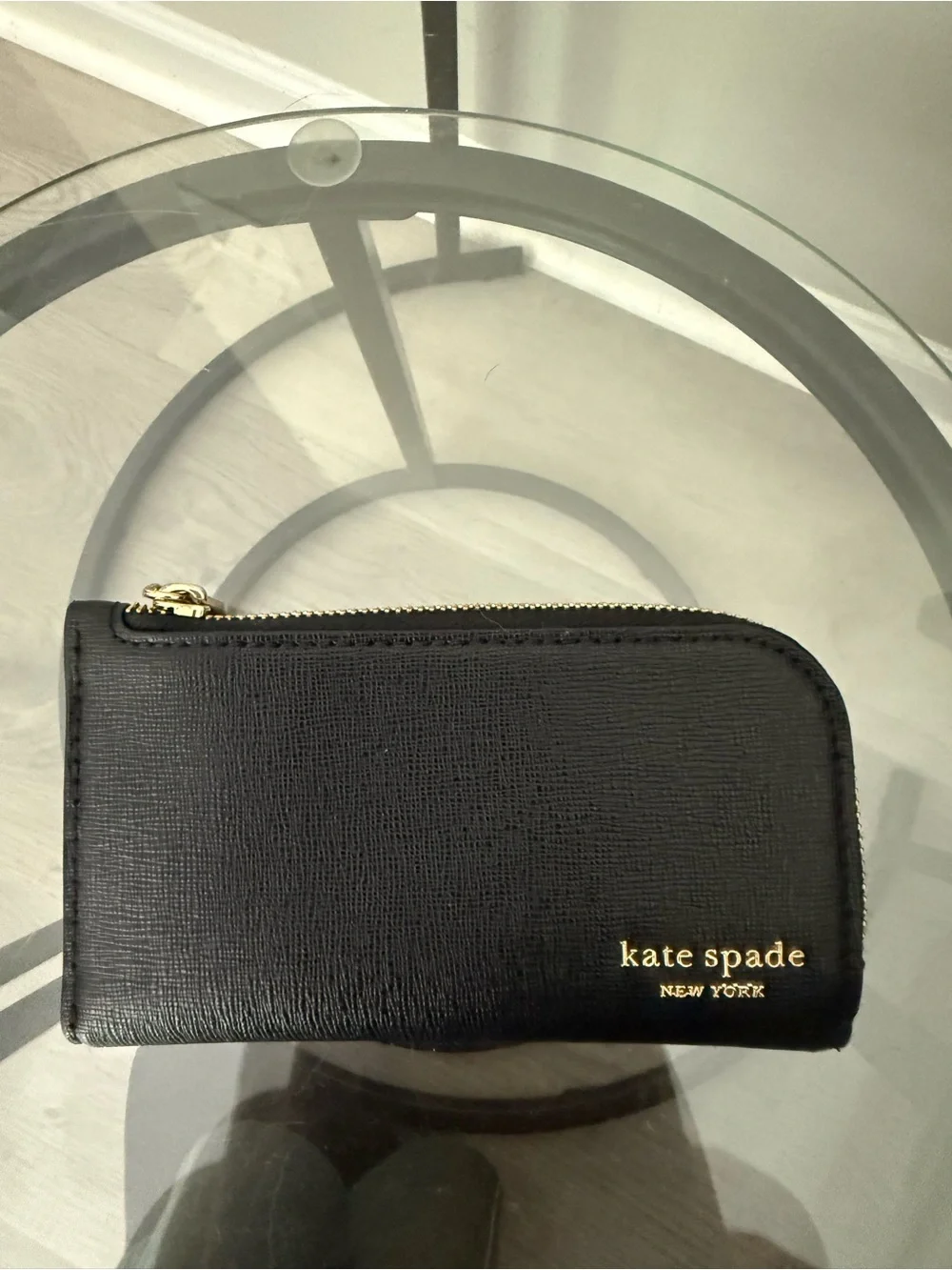kate spade black leather bifold card wallet with zip coin pocket